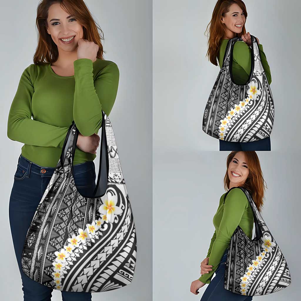 Black Vintage Tonga Ngatu Pattern With Plumeria Grocery Bag - Polynesian Pride