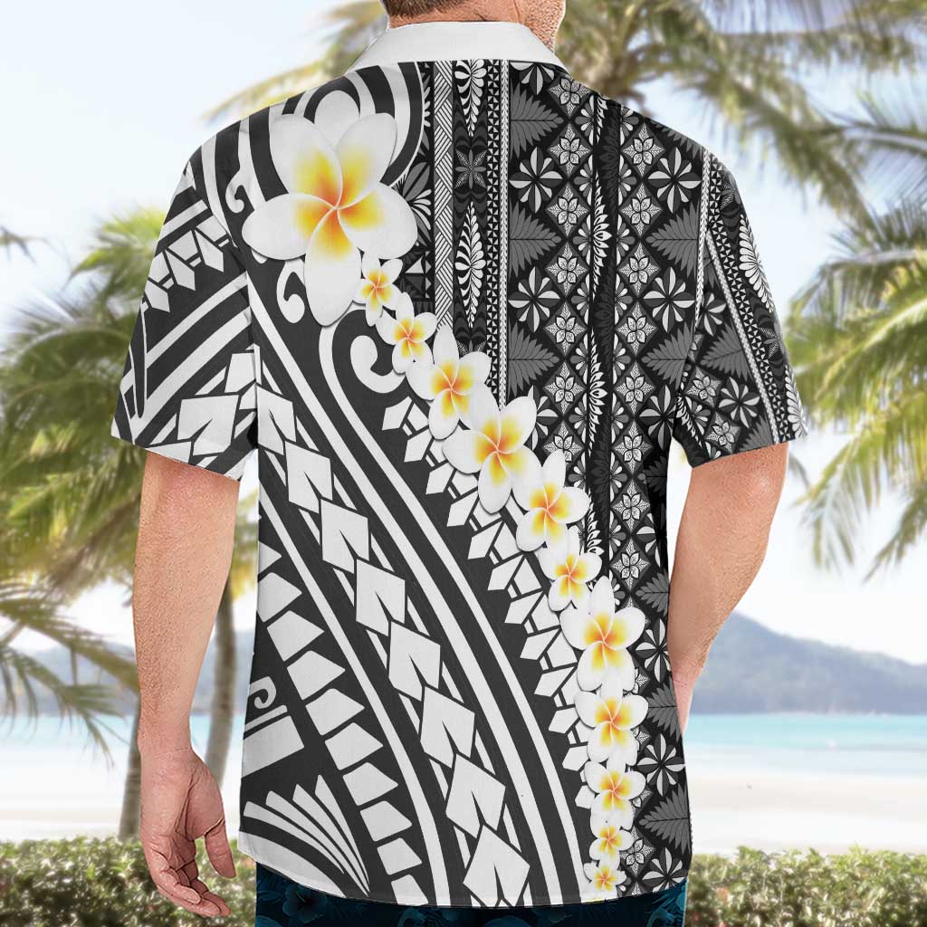 Black Vintage Tonga Ngatu Pattern With Plumeria Hawaiian Shirt LT05 - Polynesian Pride