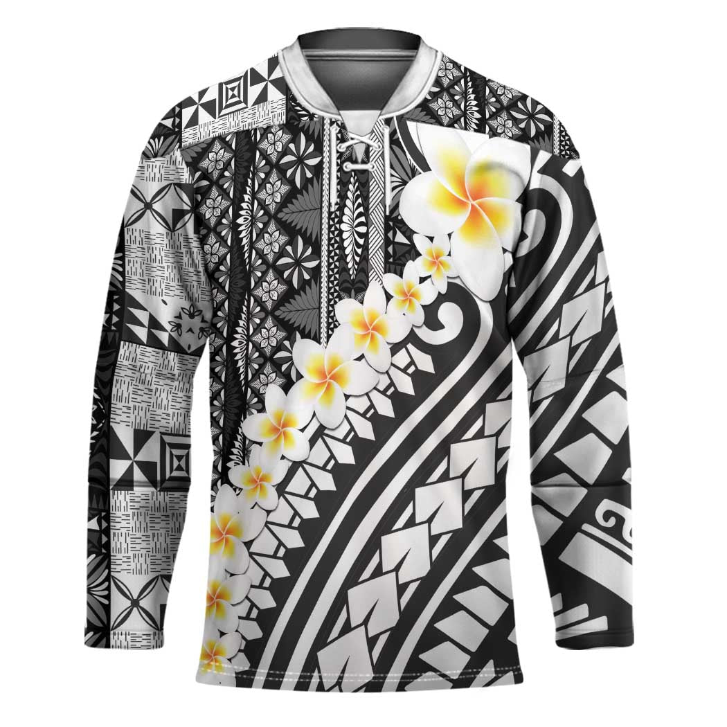 Black Vintage Tonga Ngatu Pattern With Plumeria Hockey Jersey - Polynesian Pride