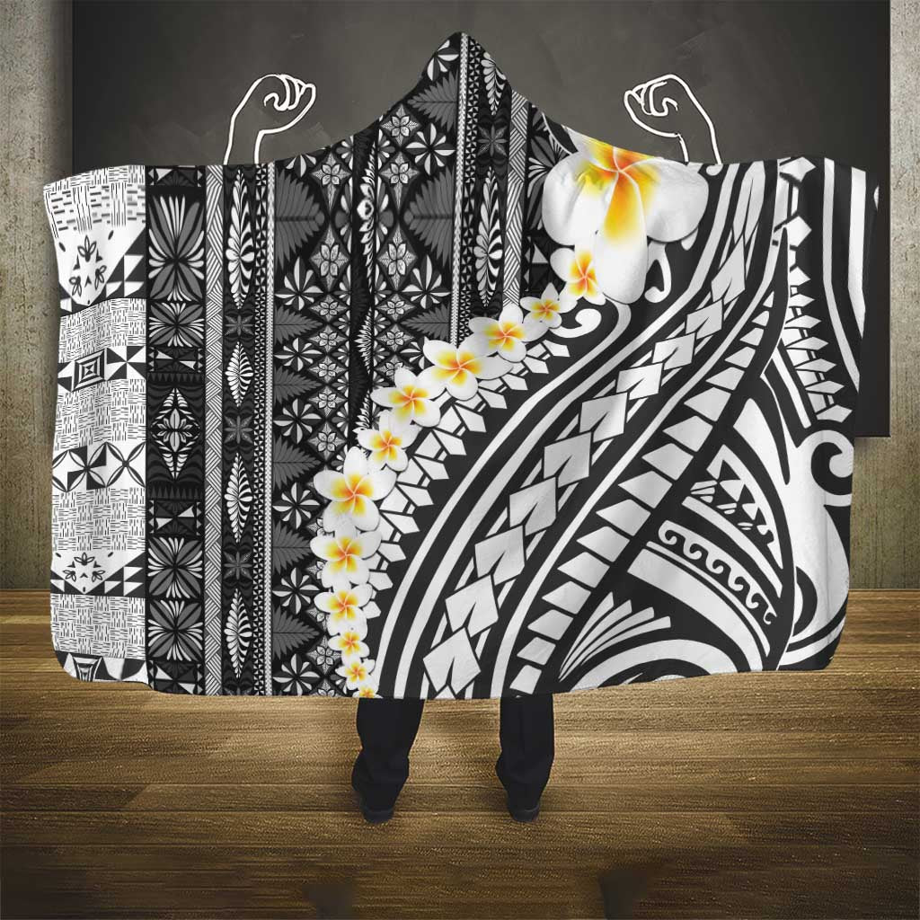 Black Vintage Tonga Ngatu Pattern With Plumeria Hooded Blanket LT05 - Polynesian Pride