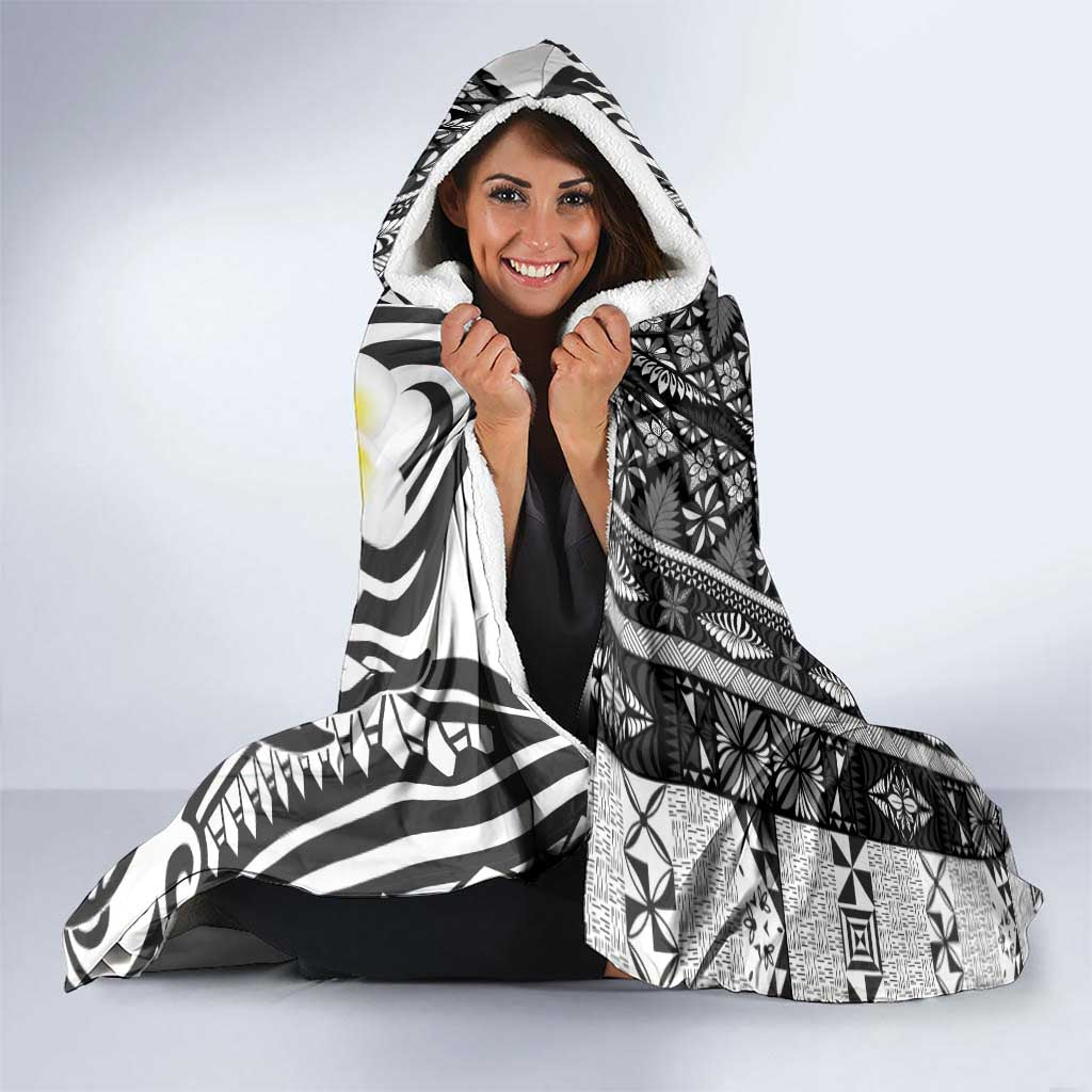 Black Vintage Tonga Ngatu Pattern With Plumeria Hooded Blanket LT05 - Polynesian Pride
