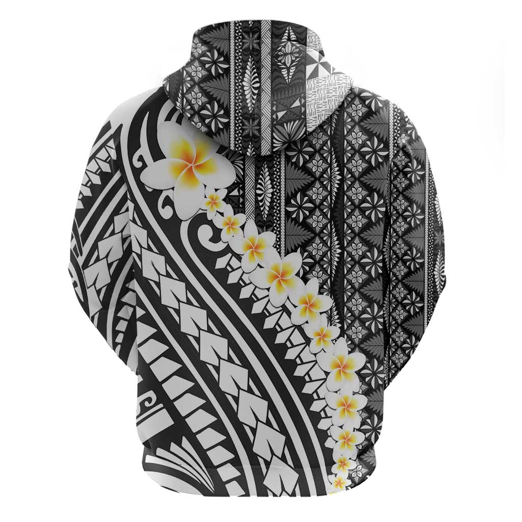 Black Vintage Tonga Ngatu Pattern With Plumeria Hoodie - Polynesian Pride