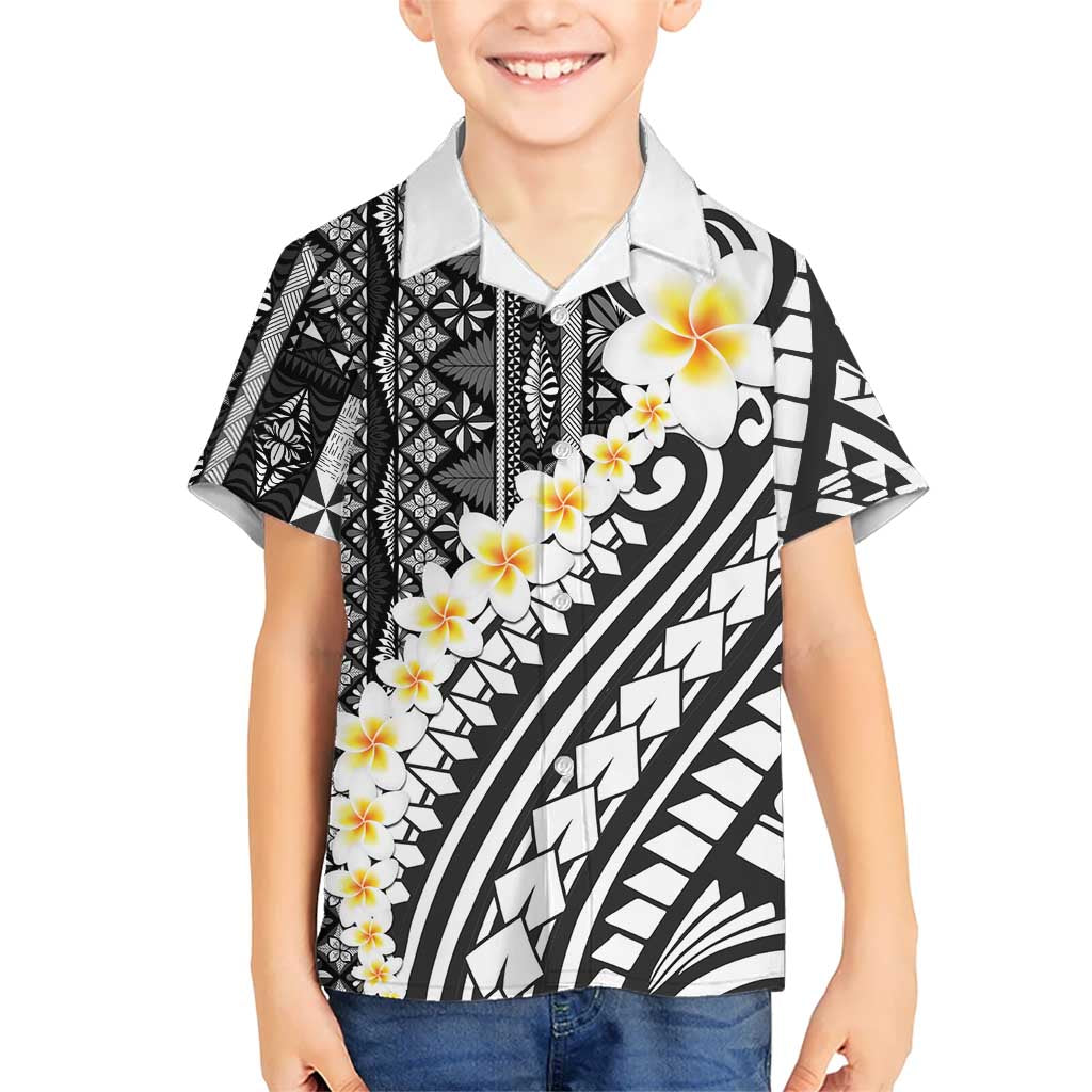 Black Vintage Tonga Ngatu Pattern With Plumeria Kid Hawaiian Shirt LT05 Kid Black - Polynesian Pride