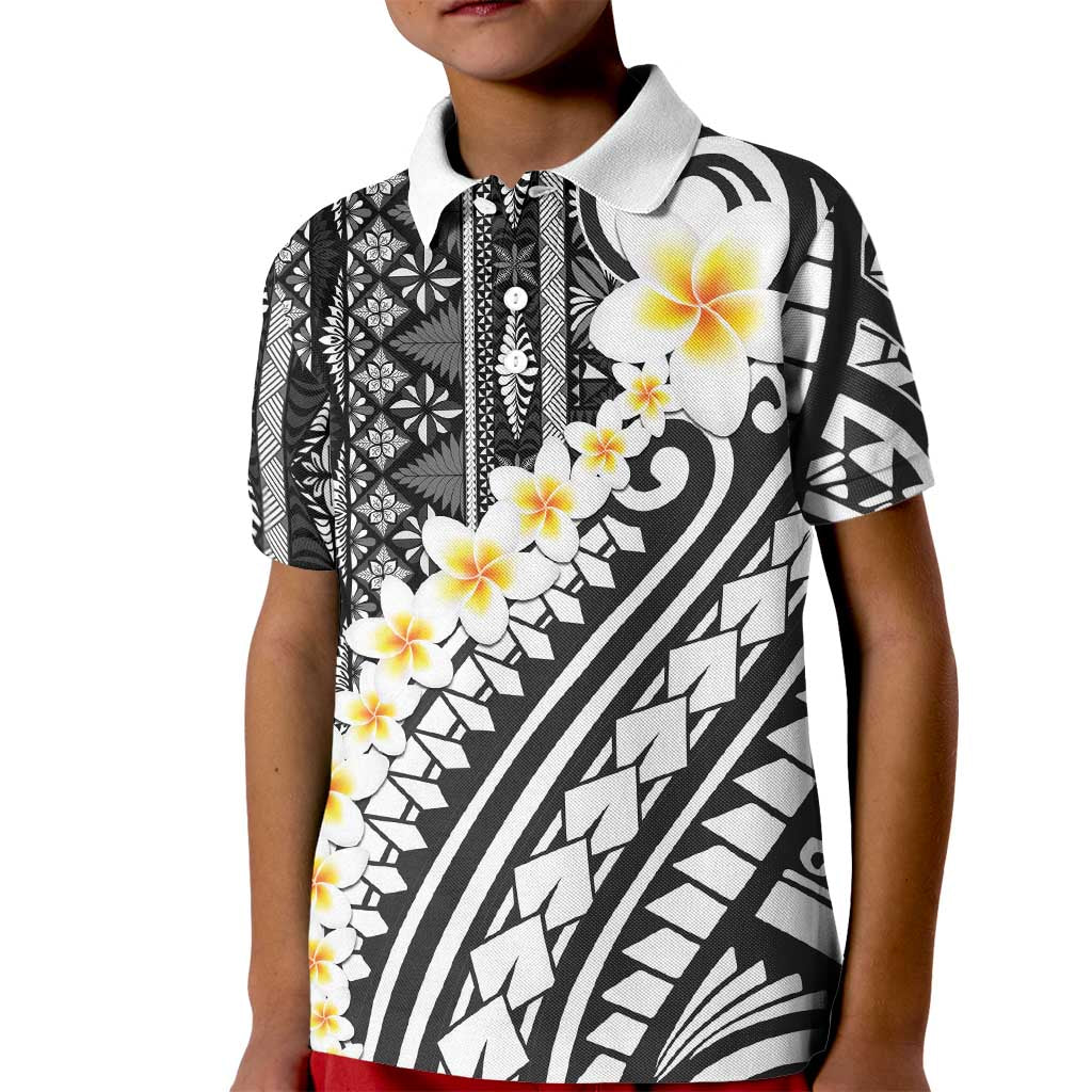 Black Vintage Tonga Ngatu Pattern With Plumeria Kid Polo Shirt LT05 Kid Black - Polynesian Pride