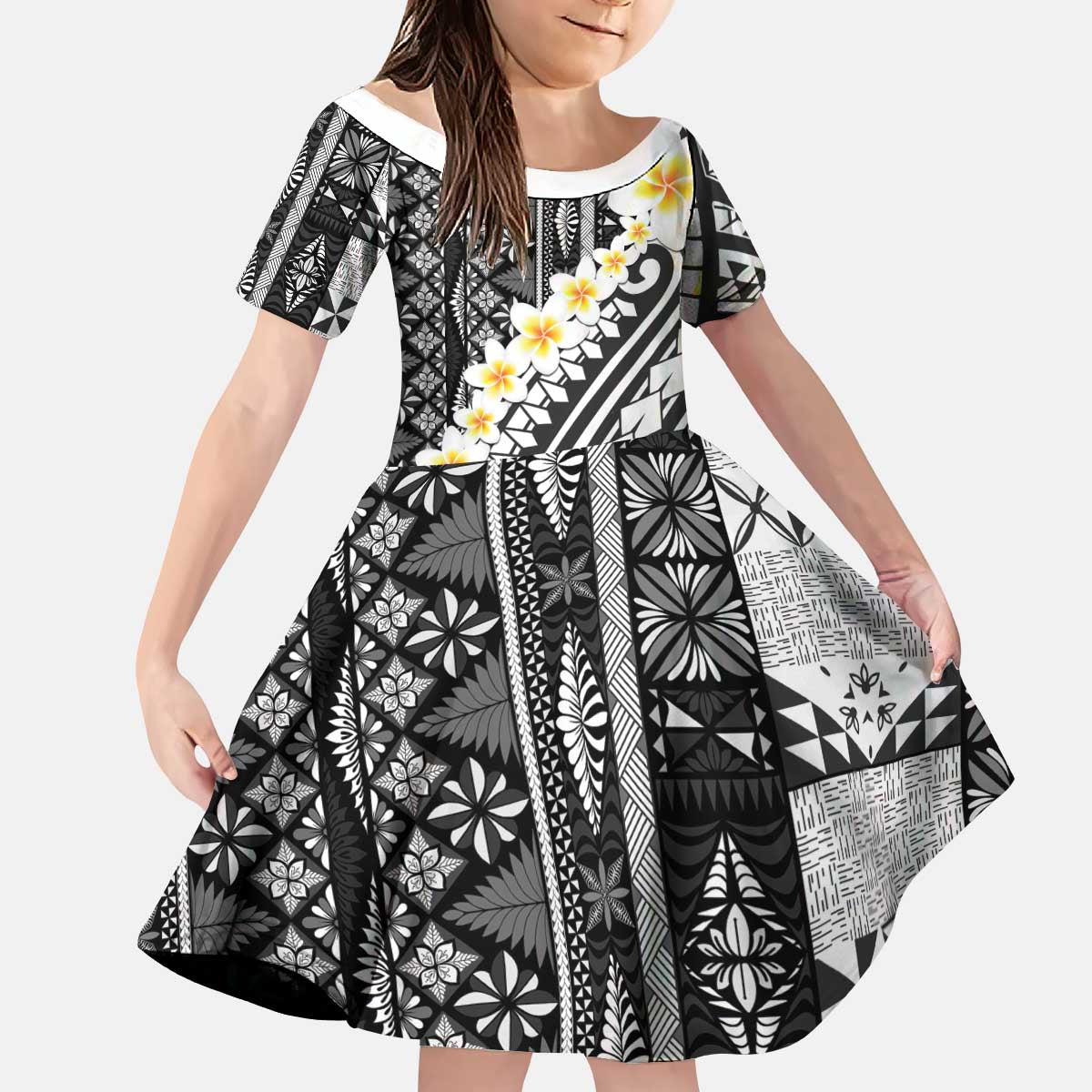 Black Vintage Tonga Ngatu Pattern With Plumeria Kid Short Sleeve Dress LT05 KID Black - Polynesian Pride