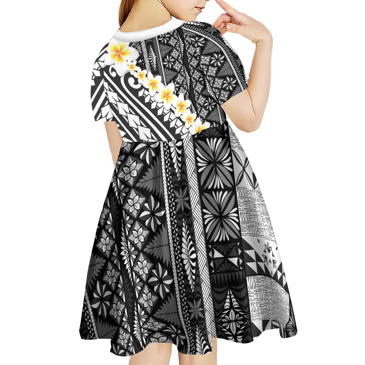 Black Vintage Tonga Ngatu Pattern With Plumeria Kid Short Sleeve Dress LT05 - Polynesian Pride