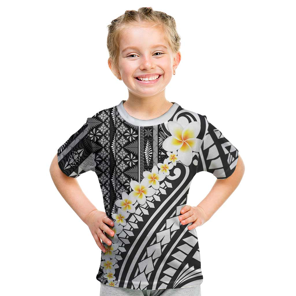 Black Vintage Tonga Ngatu Pattern With Plumeria Kid T Shirt LT05 Black - Polynesian Pride