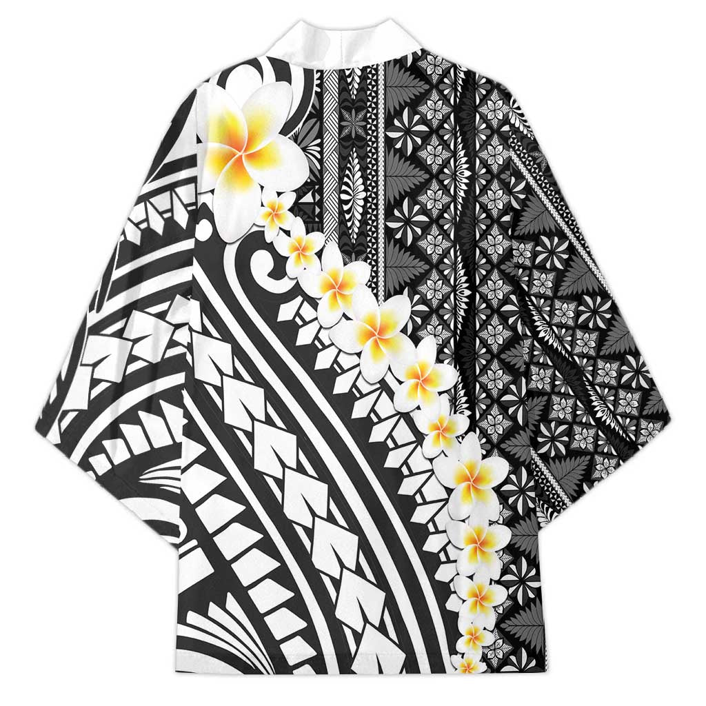 Black Vintage Tonga Ngatu Pattern With Plumeria Kimono LT05 - Polynesian Pride