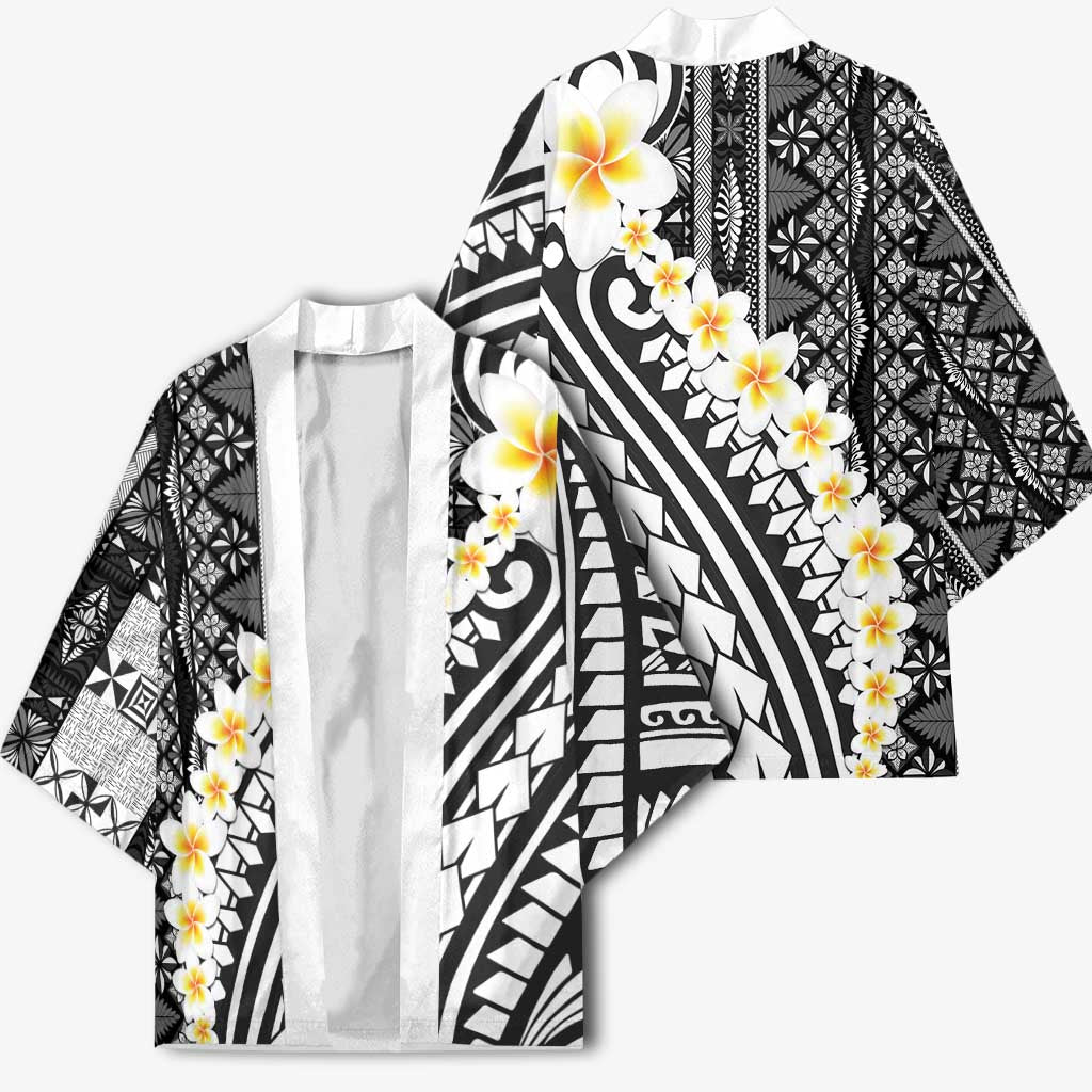 Black Vintage Tonga Ngatu Pattern With Plumeria Kimono LT05 - Polynesian Pride