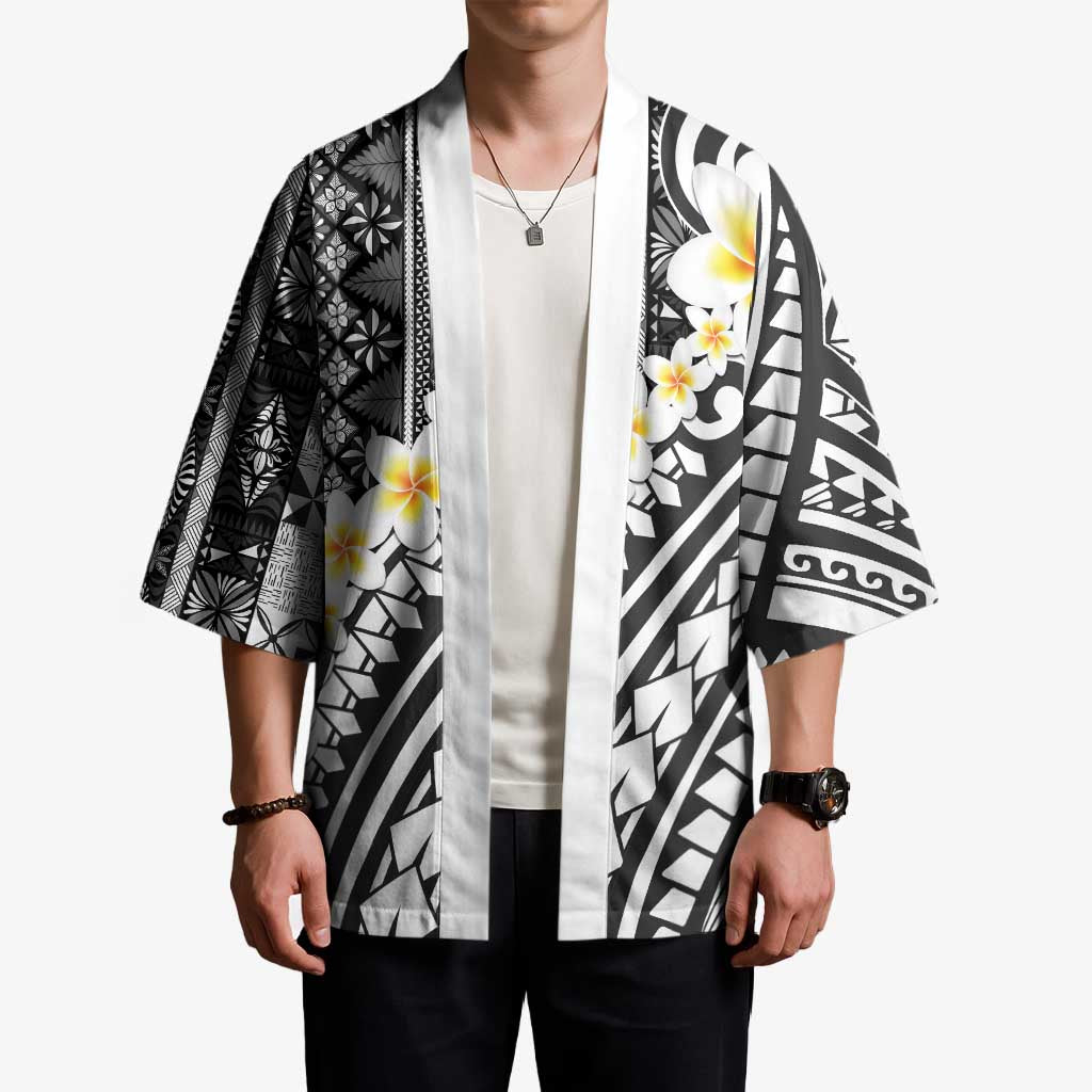 Black Vintage Tonga Ngatu Pattern With Plumeria Kimono LT05 - Polynesian Pride