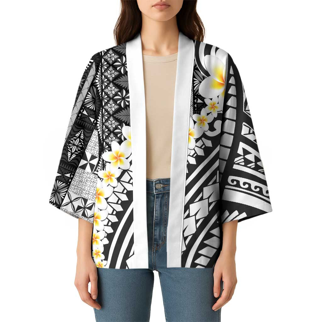 Black Vintage Tonga Ngatu Pattern With Plumeria Kimono LT05 - Polynesian Pride