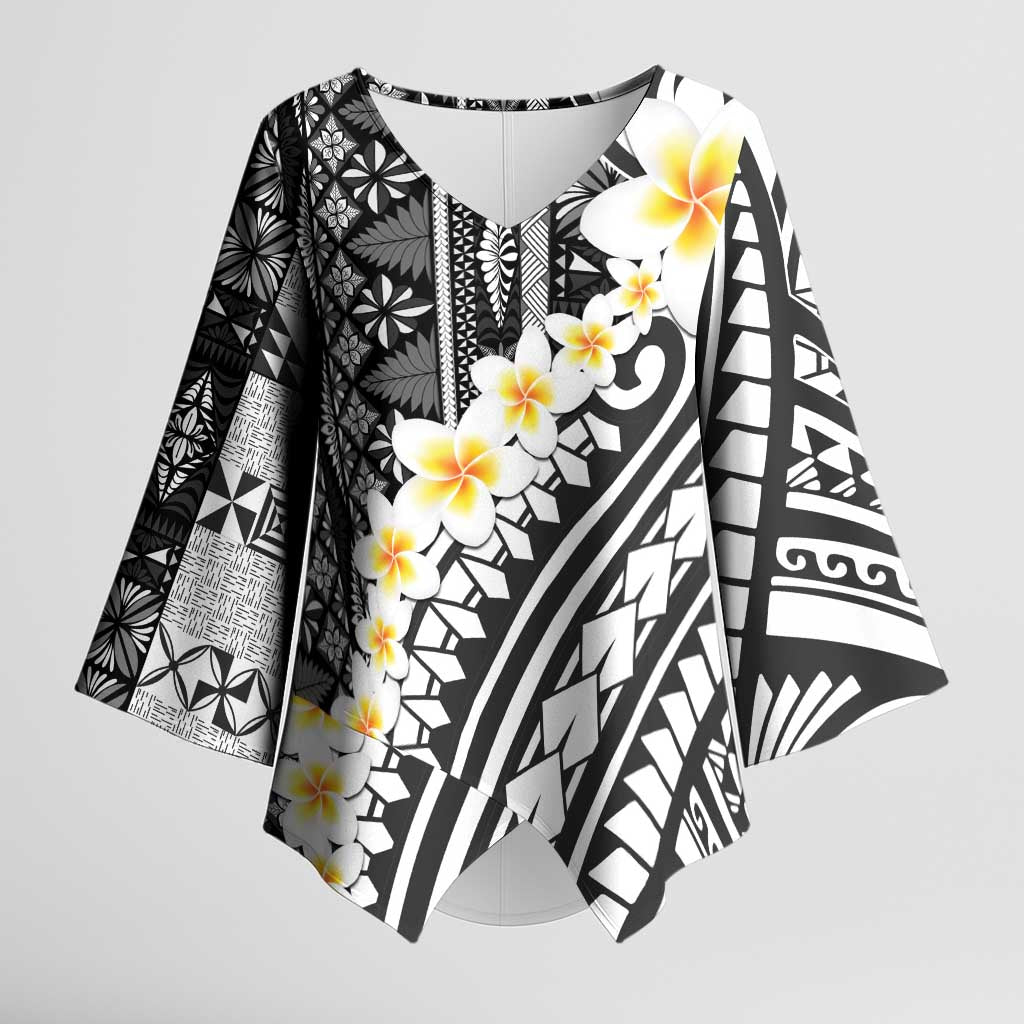 Black Vintage Tonga Ngatu Pattern With Plumeria Kimono Sleeve Blouse LT05 Female Black - Polynesian Pride