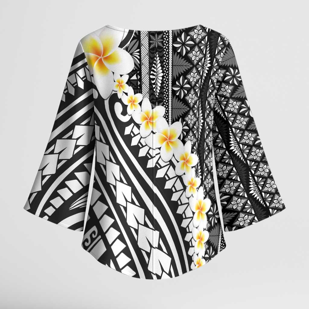Black Vintage Tonga Ngatu Pattern With Plumeria Kimono Sleeve Blouse LT05 - Polynesian Pride