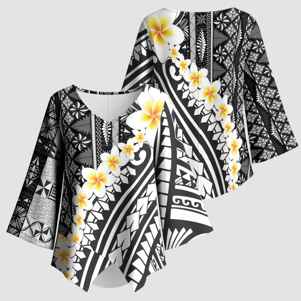 Black Vintage Tonga Ngatu Pattern With Plumeria Kimono Sleeve Blouse LT05 - Polynesian Pride