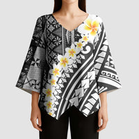 Black Vintage Tonga Ngatu Pattern With Plumeria Kimono Sleeve Blouse LT05 - Polynesian Pride