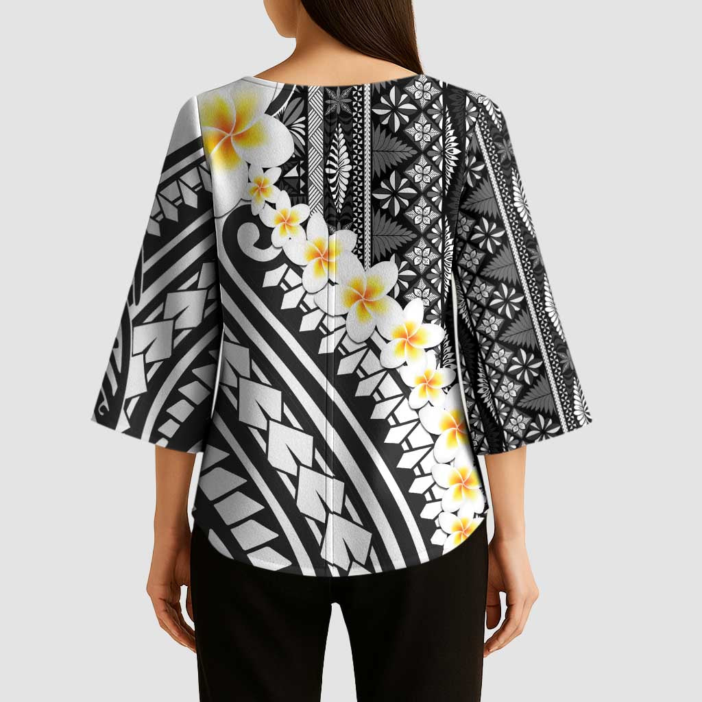 Black Vintage Tonga Ngatu Pattern With Plumeria Kimono Sleeve Blouse LT05 - Polynesian Pride