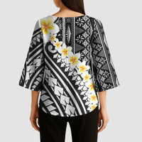 Black Vintage Tonga Ngatu Pattern With Plumeria Kimono Sleeve Blouse LT05 - Polynesian Pride