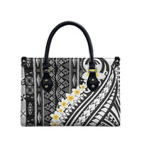 Black Vintage Tonga Ngatu Pattern With Plumeria Leather Bag - Polynesian Pride