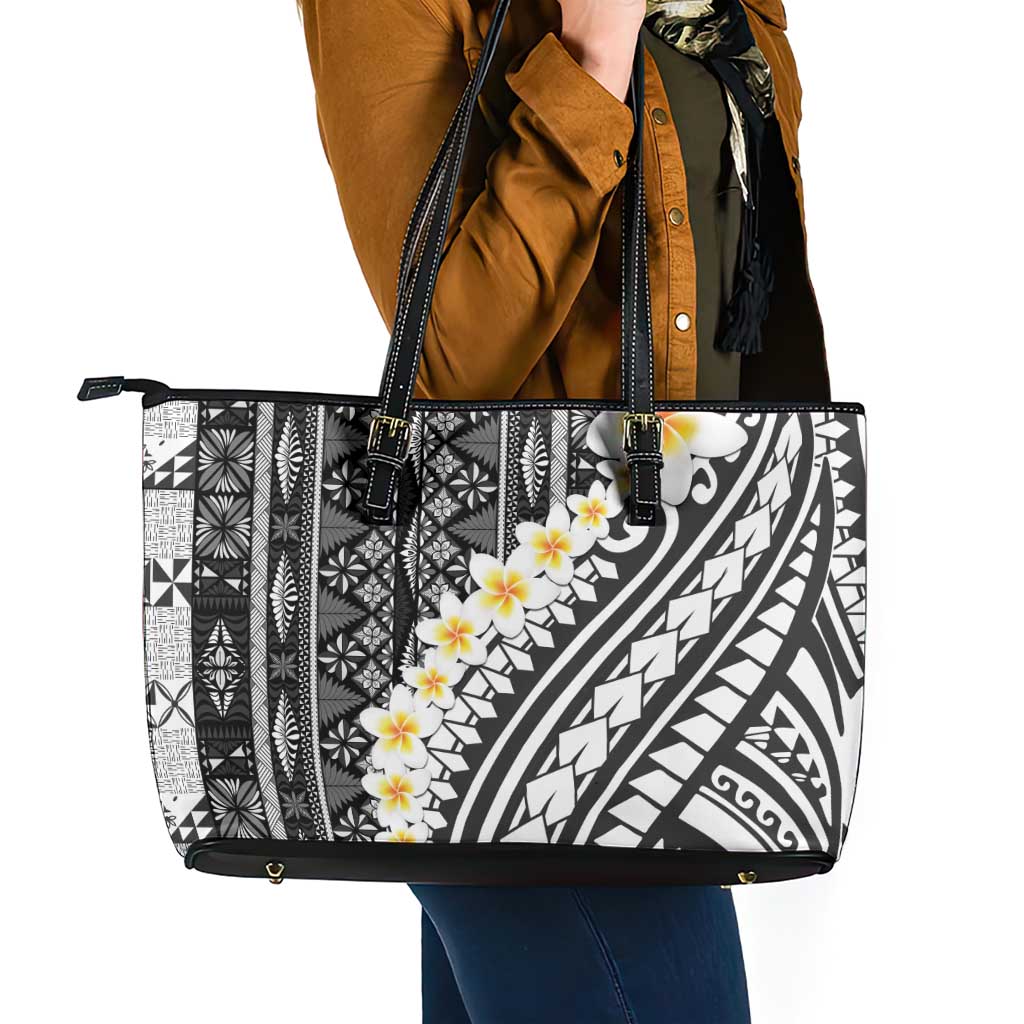 Black Vintage Tonga Ngatu Pattern With Plumeria Leather Tote Bag - Polynesian Pride