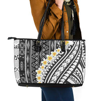 Black Vintage Tonga Ngatu Pattern With Plumeria Leather Tote Bag - Polynesian Pride