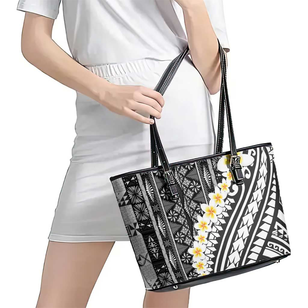 Black Vintage Tonga Ngatu Pattern With Plumeria Leather Tote Bag - Polynesian Pride