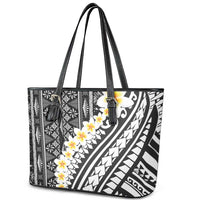 Black Vintage Tonga Ngatu Pattern With Plumeria Leather Tote Bag - Polynesian Pride
