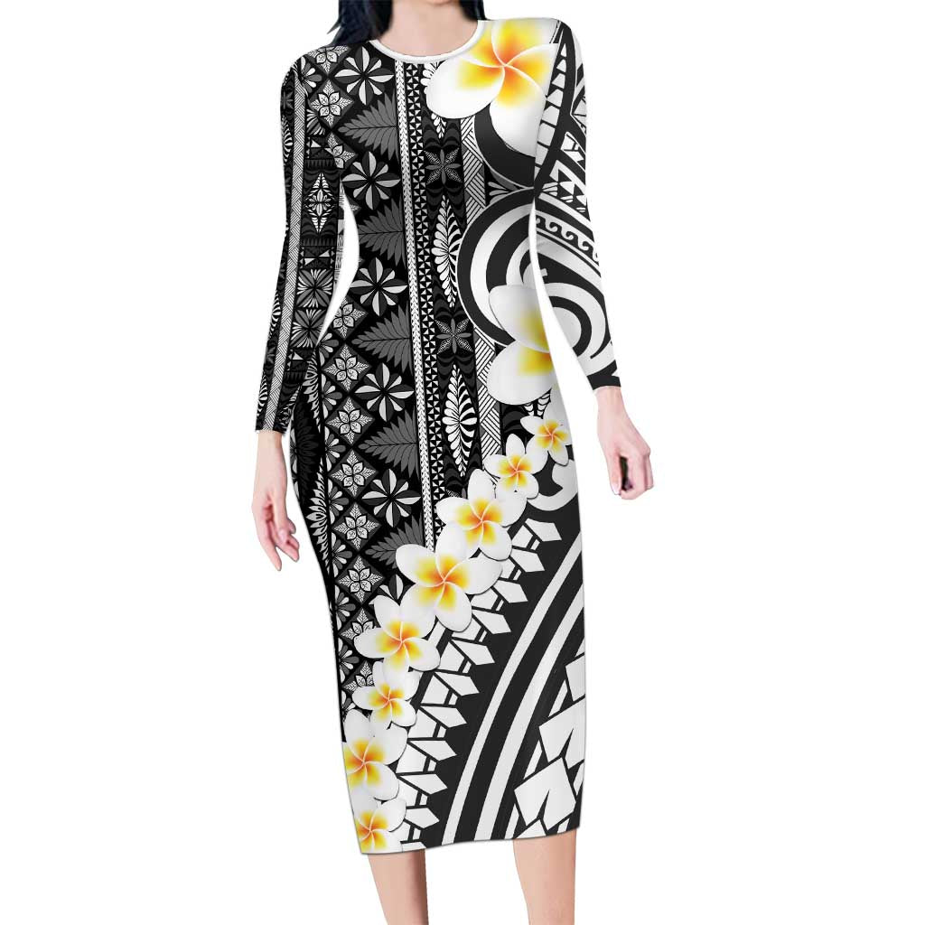 Black Vintage Tonga Ngatu Pattern With Plumeria Long Sleeve Bodycon Dress - Polynesian Pride
