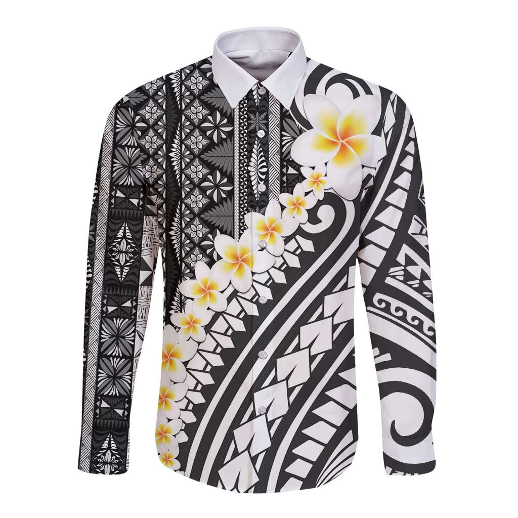 Black Vintage Tonga Ngatu Pattern With Plumeria Long Sleeve Button Shirt LT05 Unisex Black - Polynesian Pride