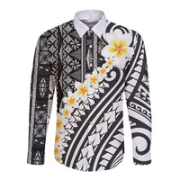 Black Vintage Tonga Ngatu Pattern With Plumeria Long Sleeve Button Shirt LT05 Unisex Black - Polynesian Pride