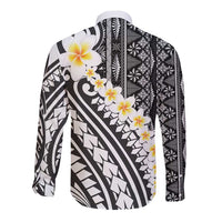 Black Vintage Tonga Ngatu Pattern With Plumeria Long Sleeve Button Shirt LT05 - Polynesian Pride
