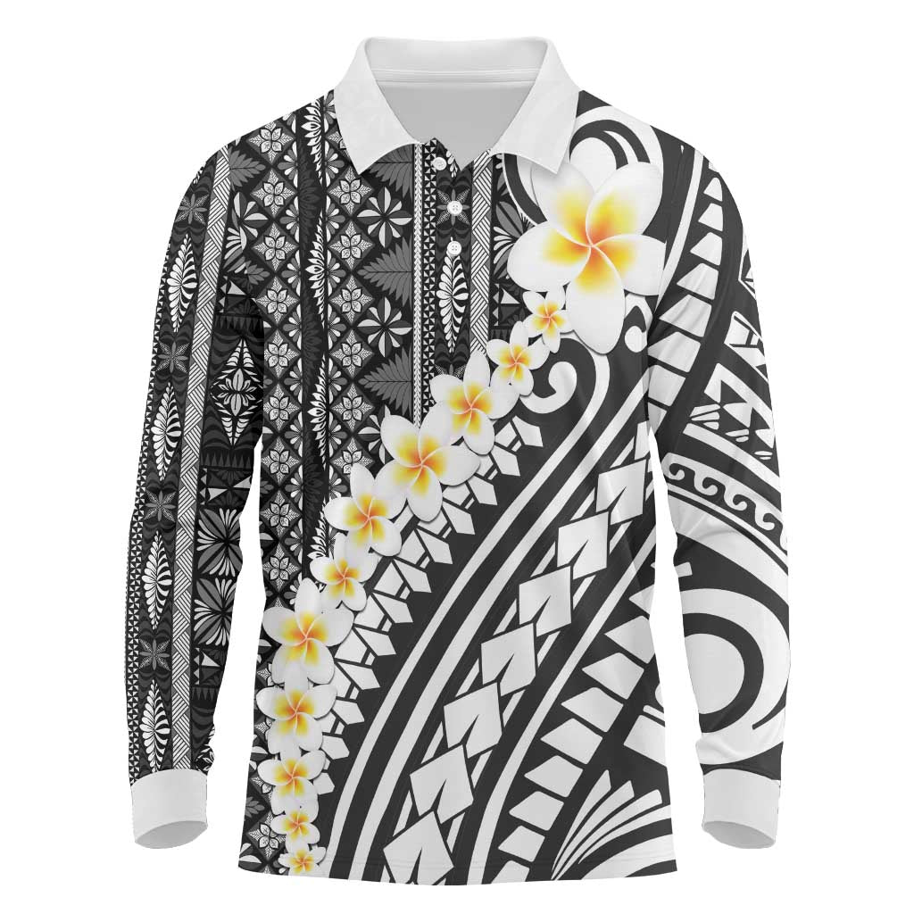 Black Vintage Tonga Ngatu Pattern With Plumeria Long Sleeve Polo Shirt LT05 Black - Polynesian Pride