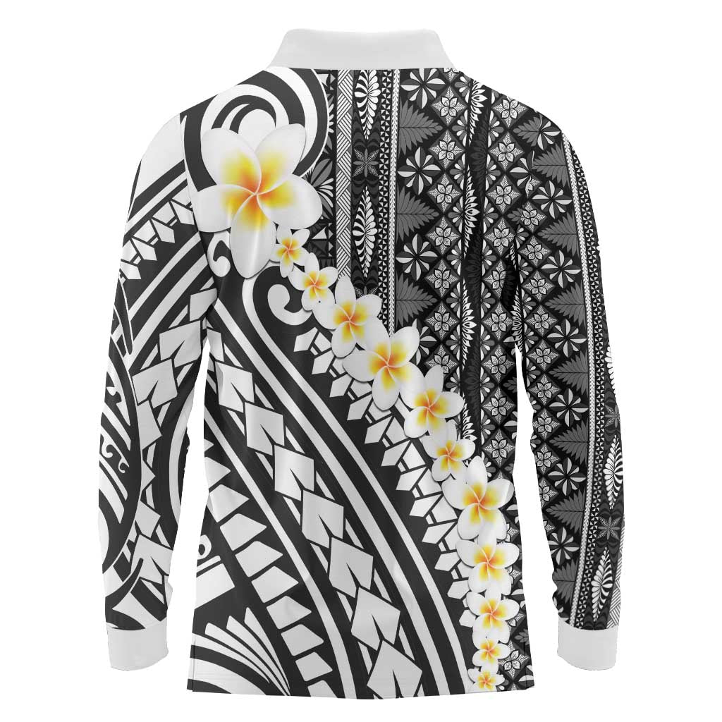 Black Vintage Tonga Ngatu Pattern With Plumeria Long Sleeve Polo Shirt LT05 - Polynesian Pride