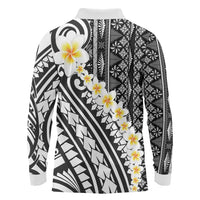 Black Vintage Tonga Ngatu Pattern With Plumeria Long Sleeve Polo Shirt LT05 - Polynesian Pride