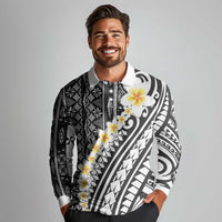 Black Vintage Tonga Ngatu Pattern With Plumeria Long Sleeve Polo Shirt LT05 - Polynesian Pride