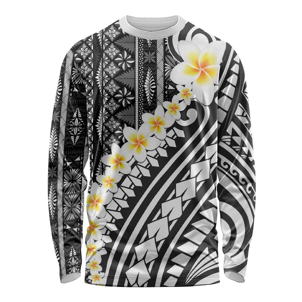Black Vintage Tonga Ngatu Pattern With Plumeria Long Sleeve Shirt LT05 Unisex Black - Polynesian Pride