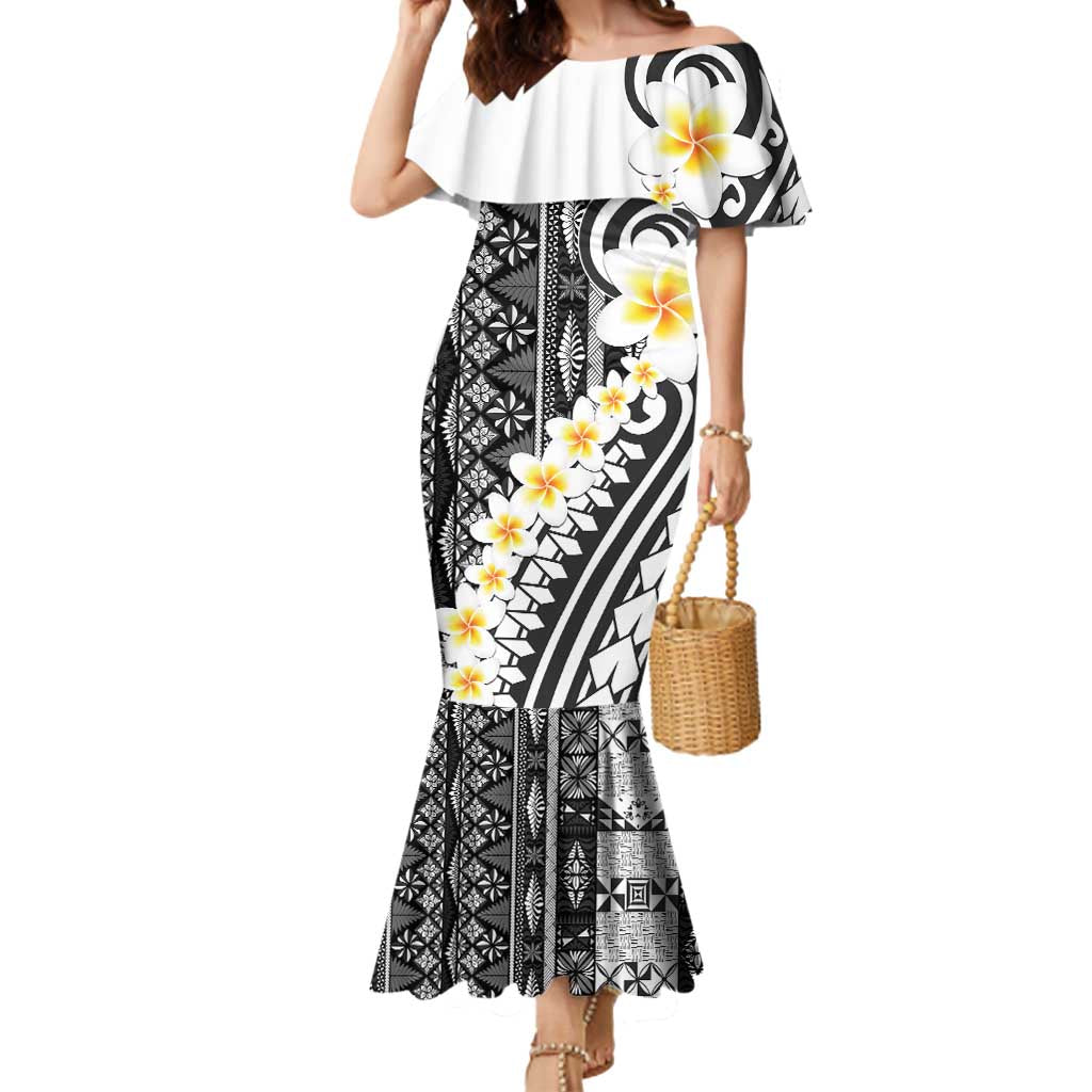 Black Vintage Tonga Ngatu Pattern With Plumeria Mermaid Dress LT05 Women Black - Polynesian Pride