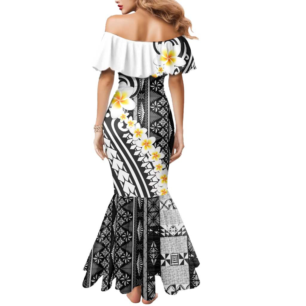 Black Vintage Tonga Ngatu Pattern With Plumeria Mermaid Dress LT05 - Polynesian Pride