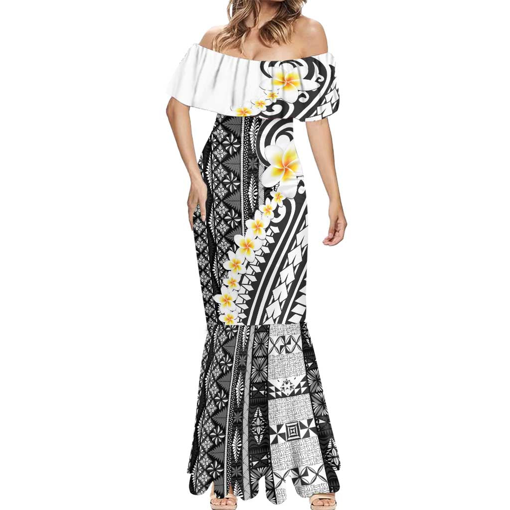 Black Vintage Tonga Ngatu Pattern With Plumeria Mermaid Dress LT05 - Polynesian Pride