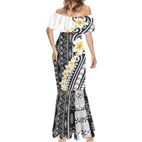 Black Vintage Tonga Ngatu Pattern With Plumeria Mermaid Dress LT05 - Polynesian Pride