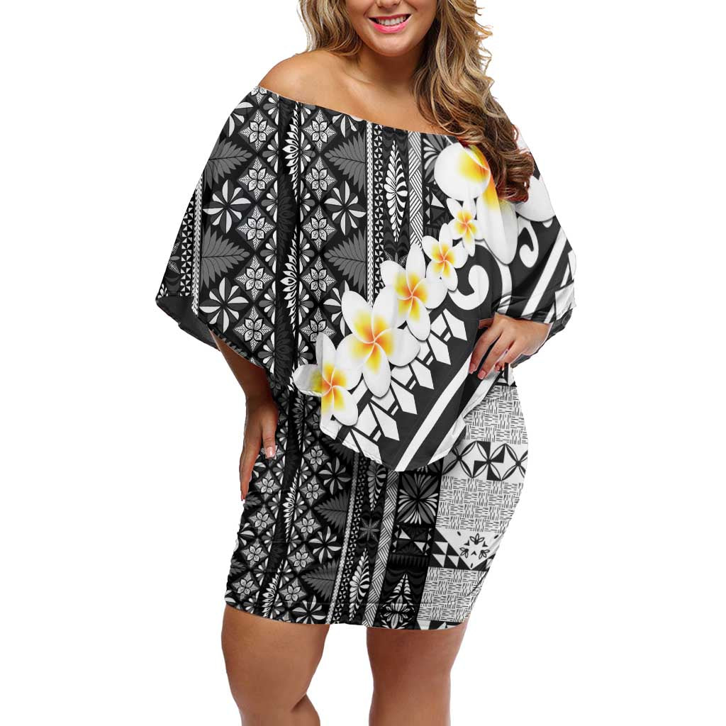 Black Vintage Tonga Ngatu Pattern With Plumeria Off Shoulder Short Dress - Polynesian Pride
