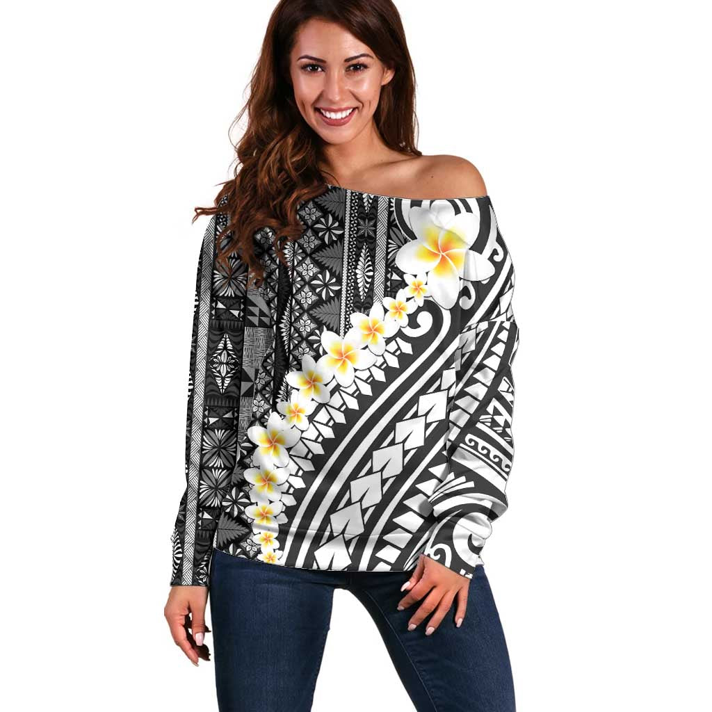 Black Vintage Tonga Ngatu Pattern With Plumeria Off Shoulder Sweater - Polynesian Pride