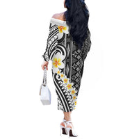 Black Vintage Tonga Ngatu Pattern With Plumeria Off The Shoulder Long Sleeve Dress LT05 - Polynesian Pride