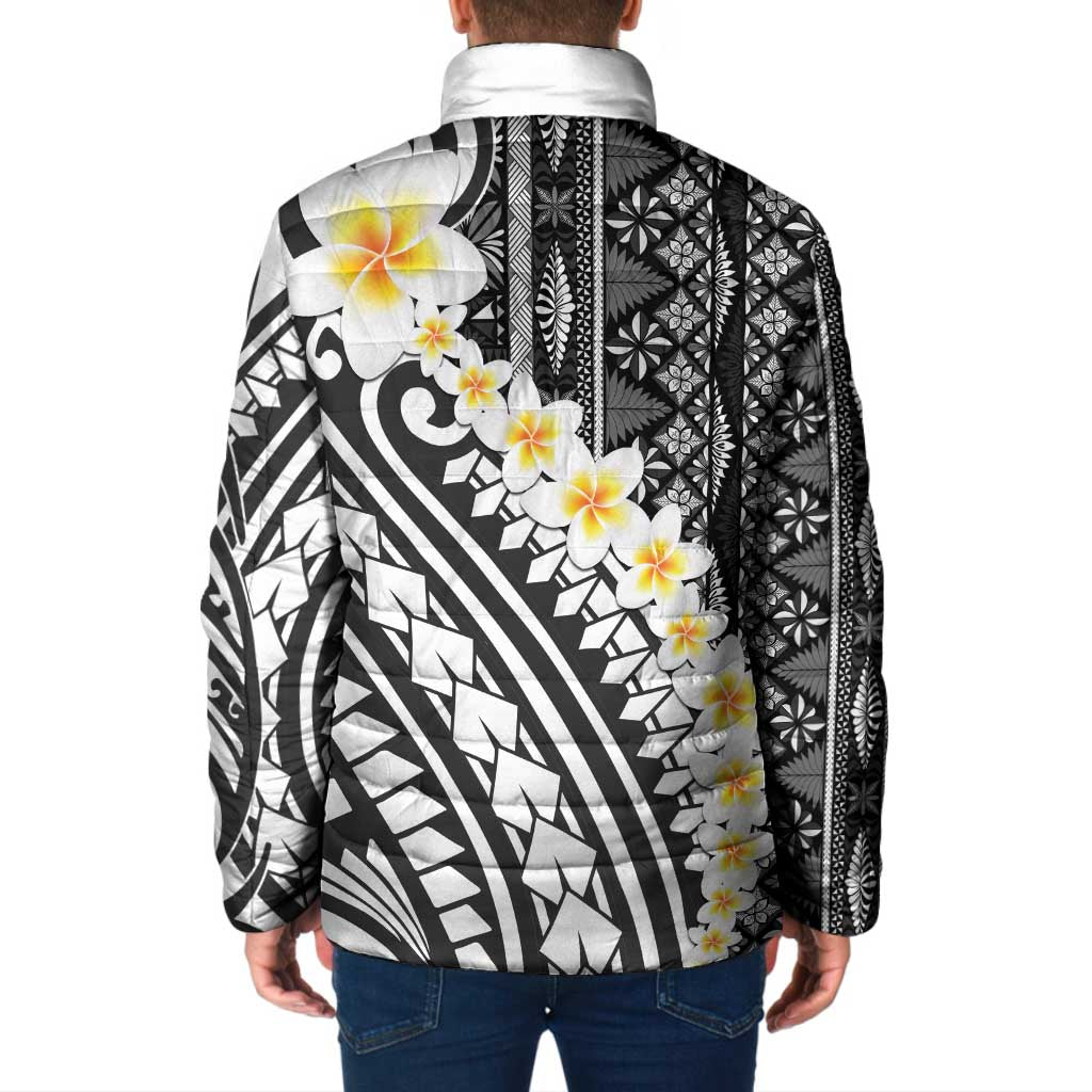 Black Vintage Tonga Ngatu Pattern With Plumeria Padded Jacket LT05 - Polynesian Pride