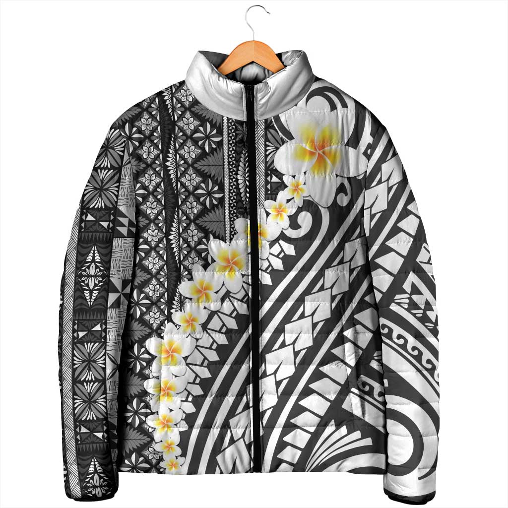 Black Vintage Tonga Ngatu Pattern With Plumeria Padded Jacket LT05 - Polynesian Pride
