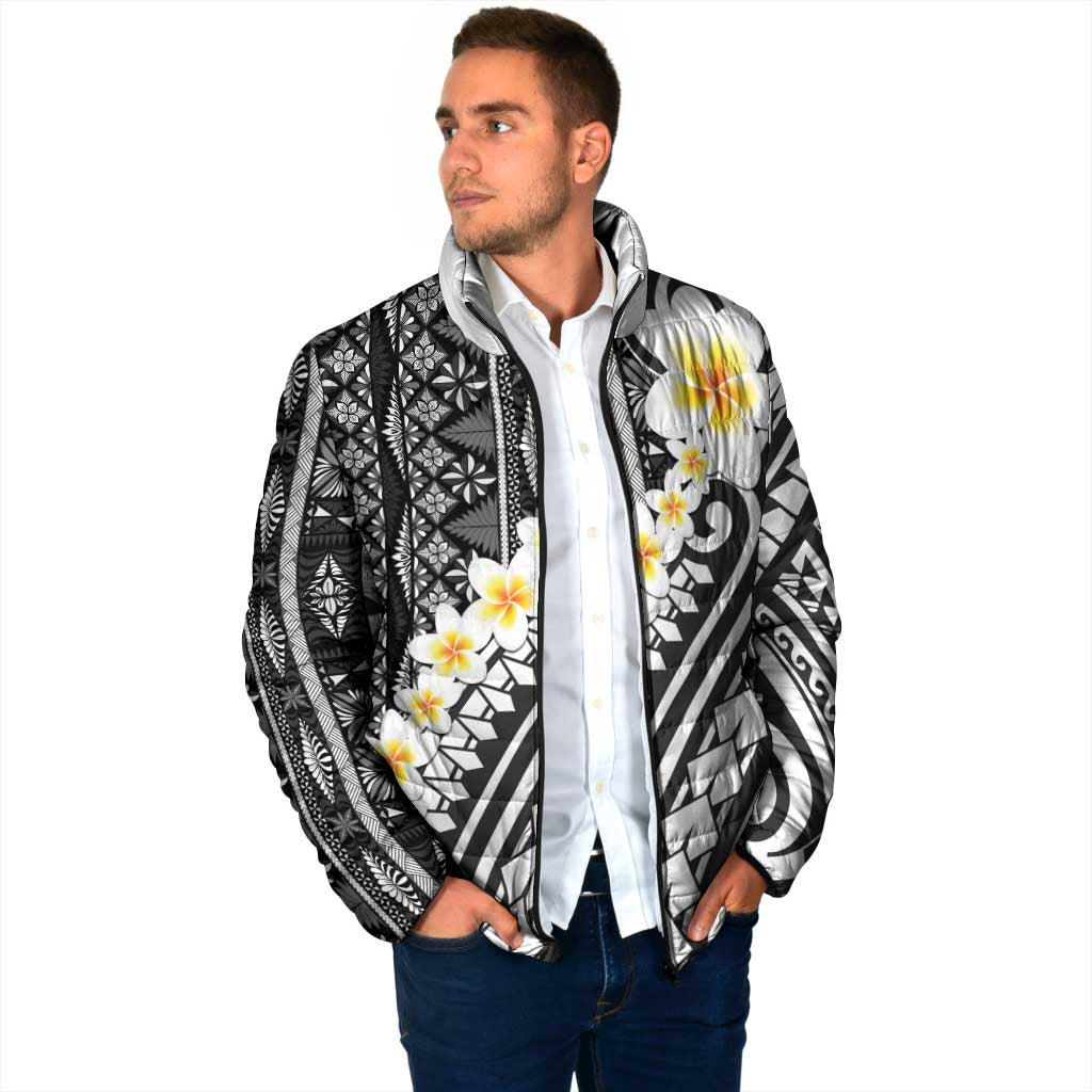 Black Vintage Tonga Ngatu Pattern With Plumeria Padded Jacket LT05 - Polynesian Pride