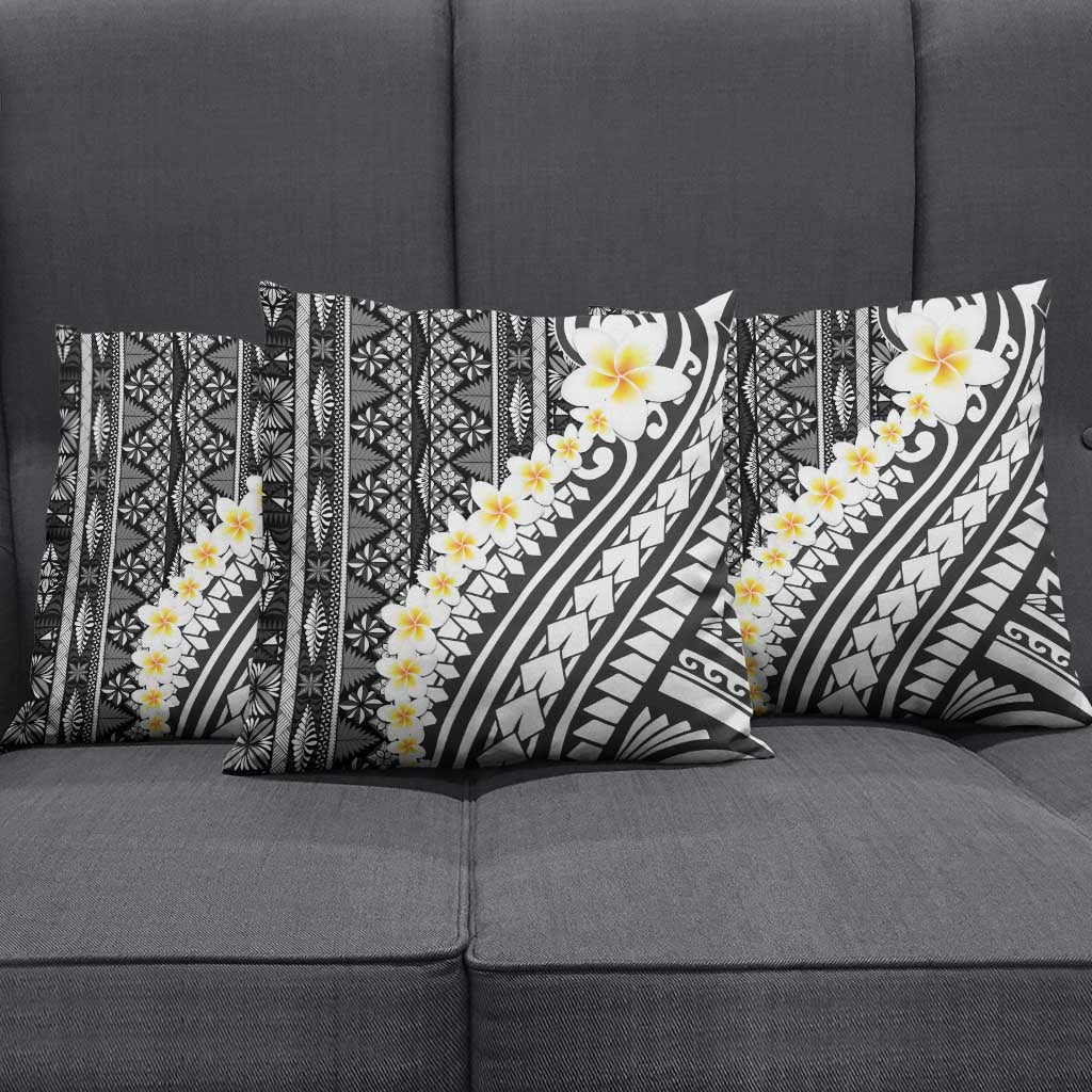 Black Vintage Tonga Ngatu Pattern With Plumeria Pillow Cover - Polynesian Pride