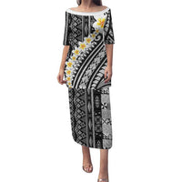 Black Vintage Tonga Ngatu Pattern With Plumeria Puletasi LT05 Long Dress Black - Polynesian Pride