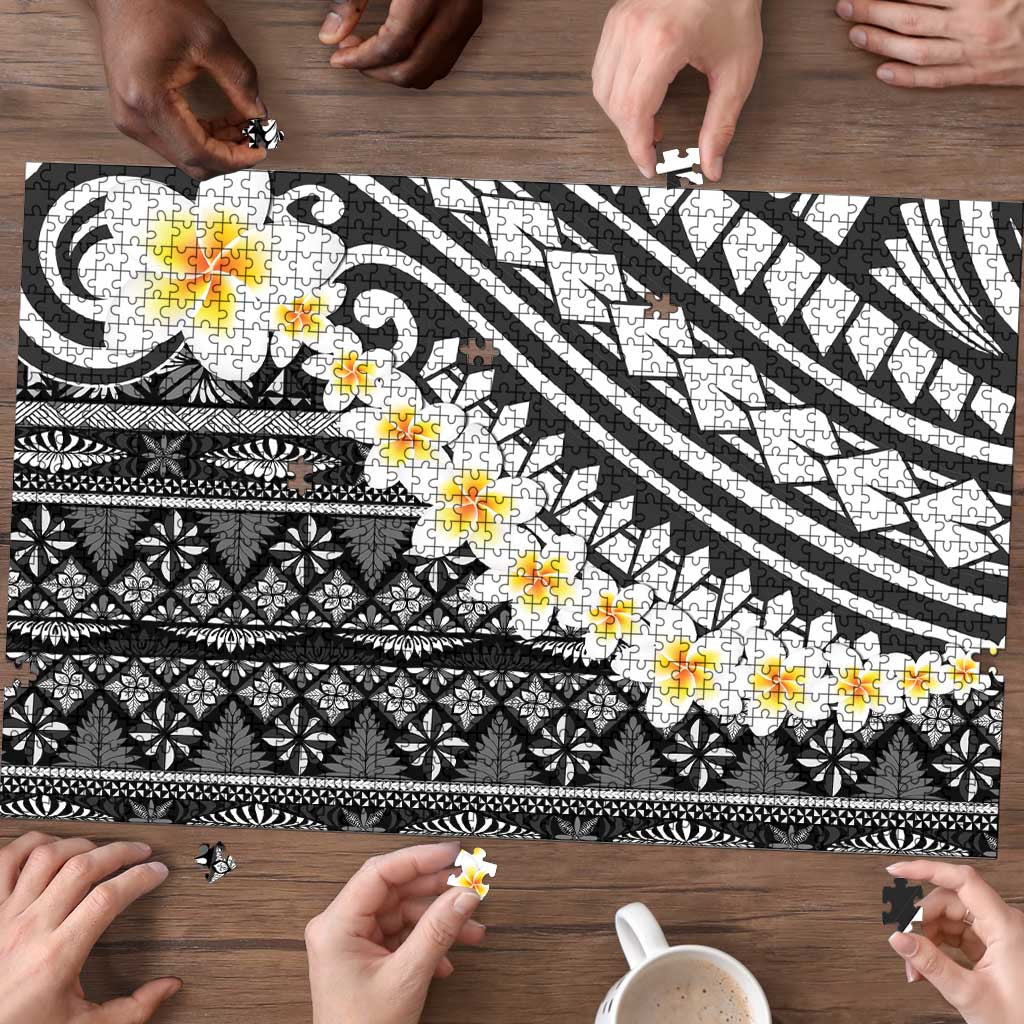 Black Vintage Tonga Ngatu Pattern With Plumeria Puzzle LT05 - Polynesian Pride