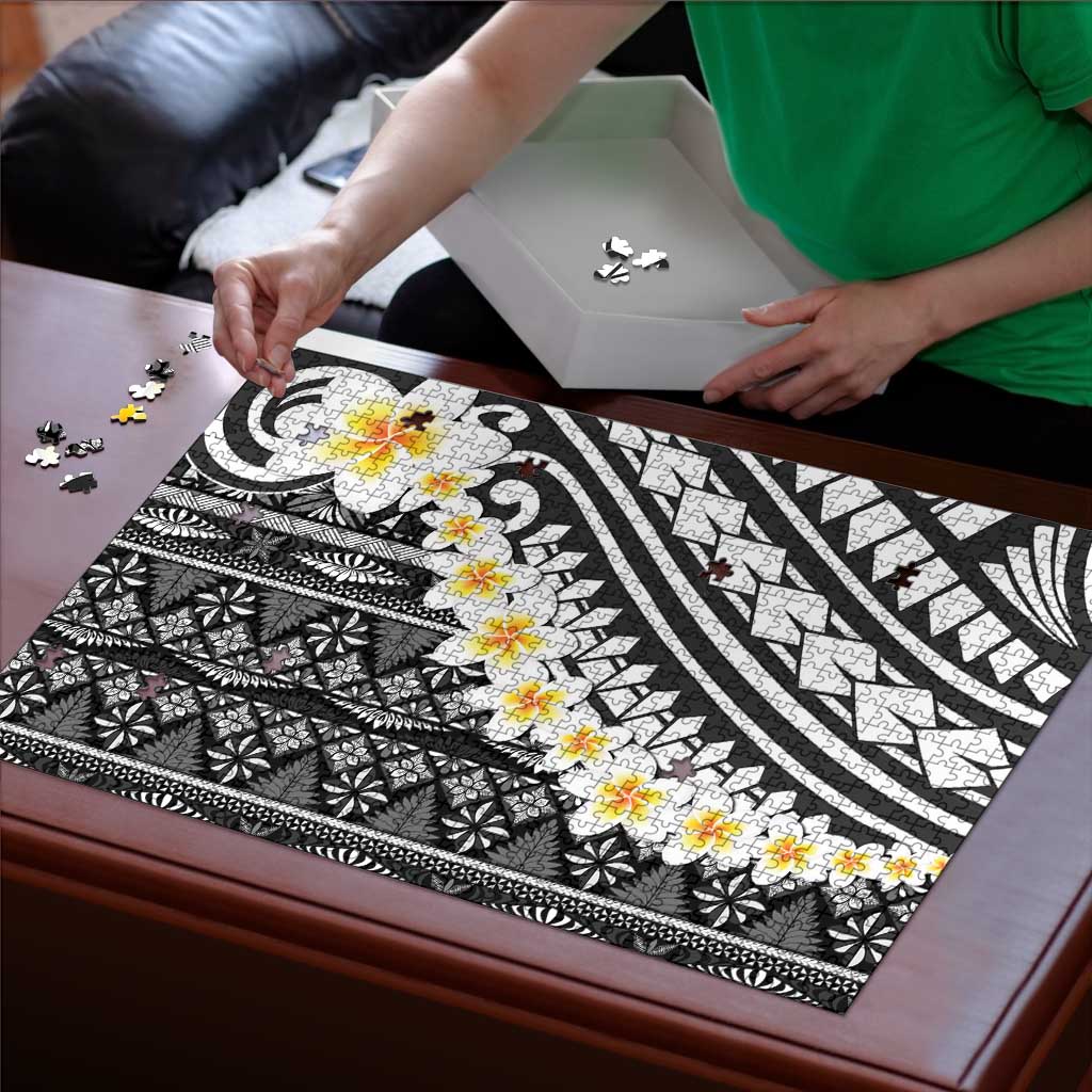 Black Vintage Tonga Ngatu Pattern With Plumeria Puzzle LT05 - Polynesian Pride