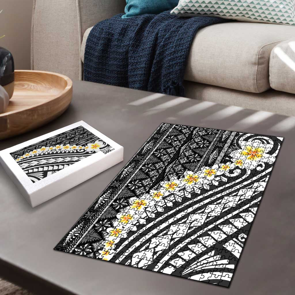 Black Vintage Tonga Ngatu Pattern With Plumeria Puzzle LT05 - Polynesian Pride